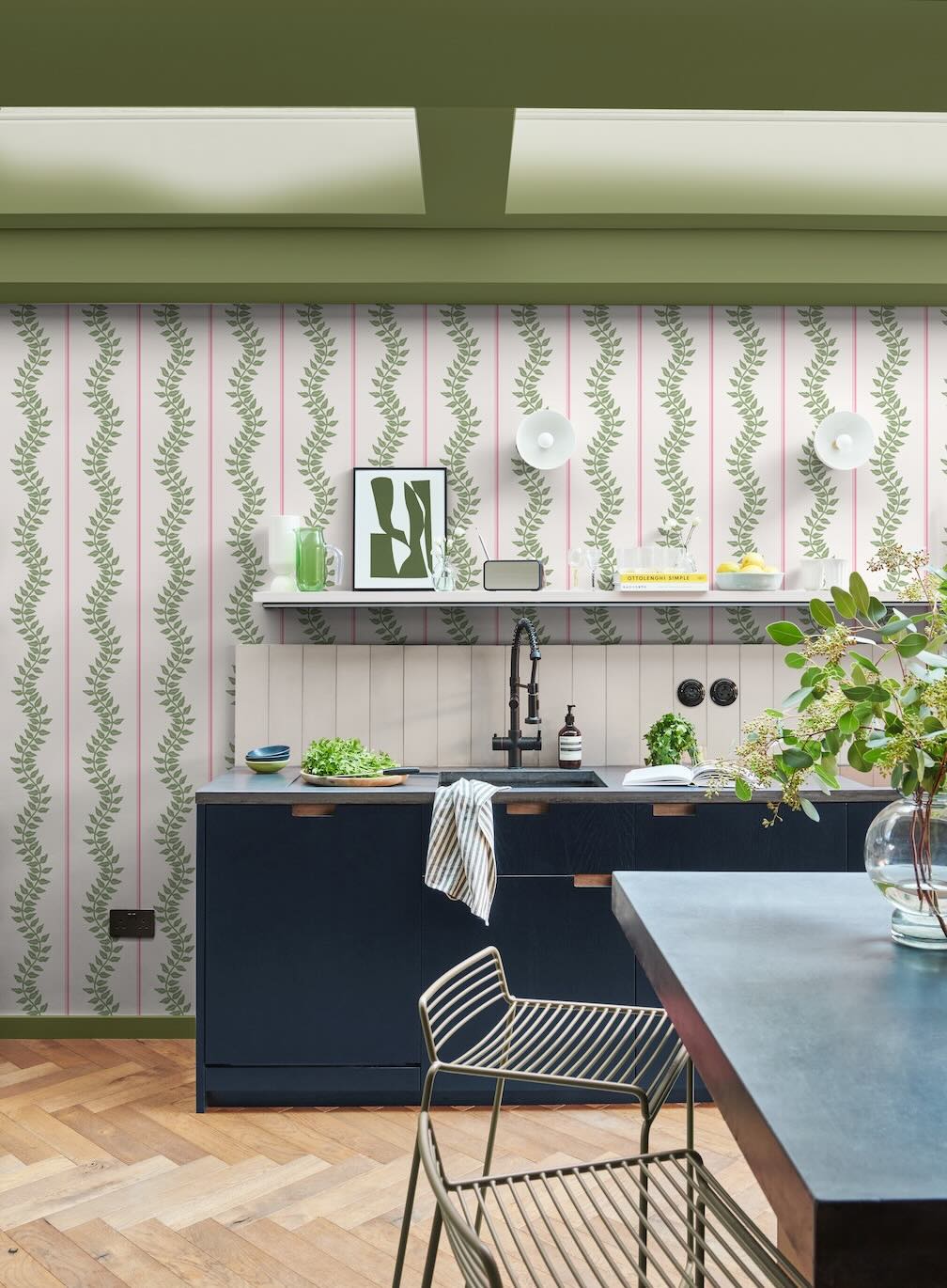 Graham & Brown Laurel Leaf Stripe Pink & Green Wallpaper