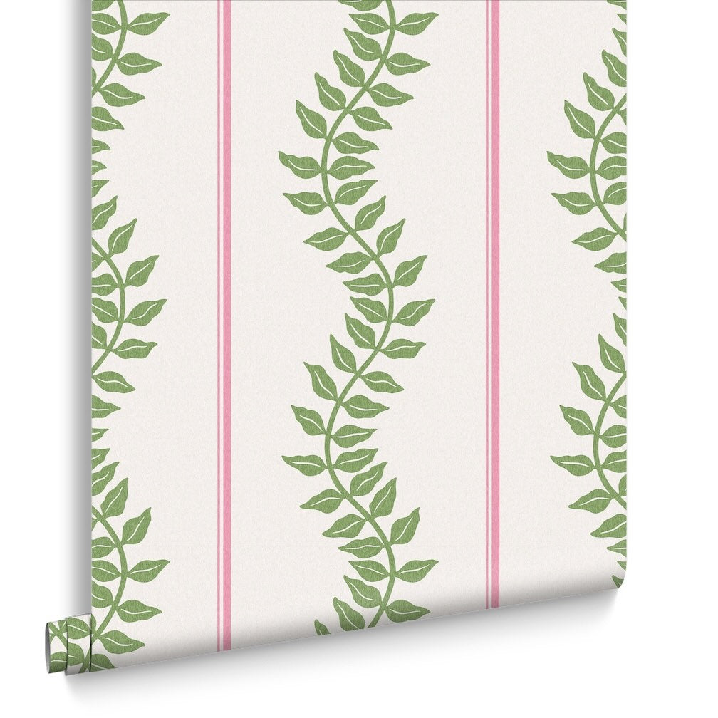 Graham & Brown Laurel Leaf Stripe Pink & Green Wallpaper