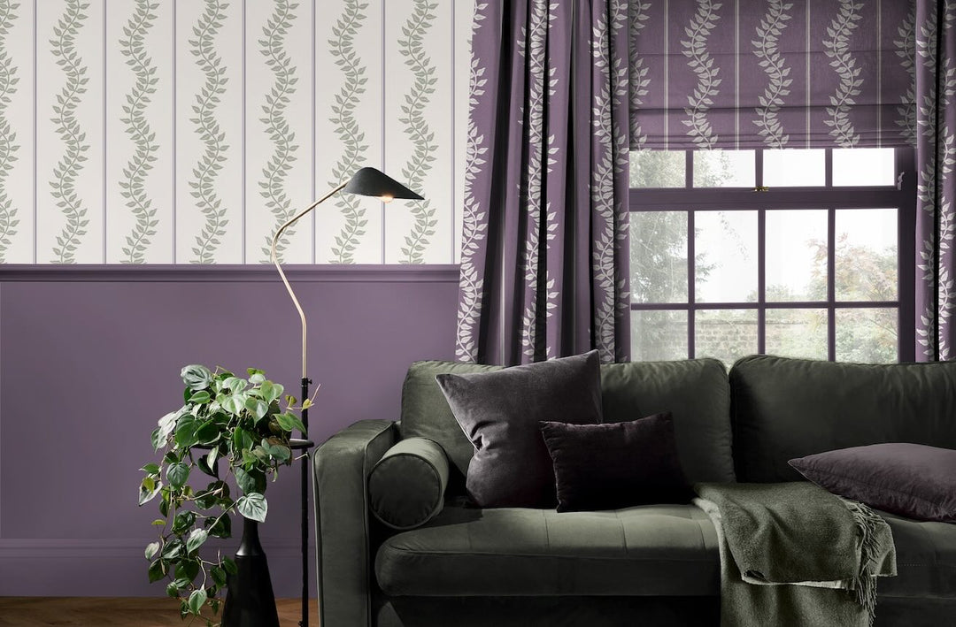 Graham & Brown Laurel Leaf Stripe Mauve & Sage Wallpaper