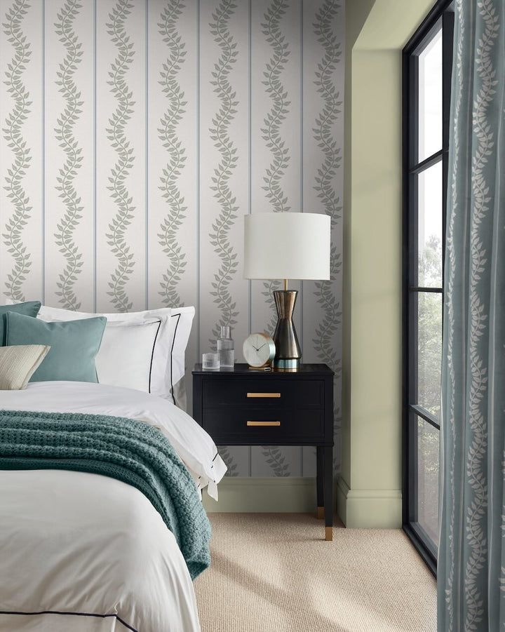Graham & Brown Laurel Leaf Stripe Sky & Green Wallpaper