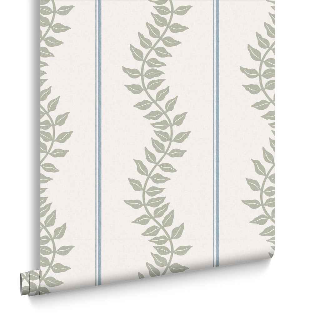 Graham & Brown Laurel Leaf Stripe Sky & Green Wallpaper