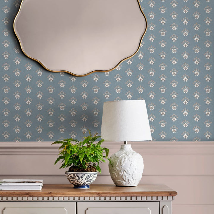 Laura Ashley Semington Floral Geo Newport Blue Wallpaper
