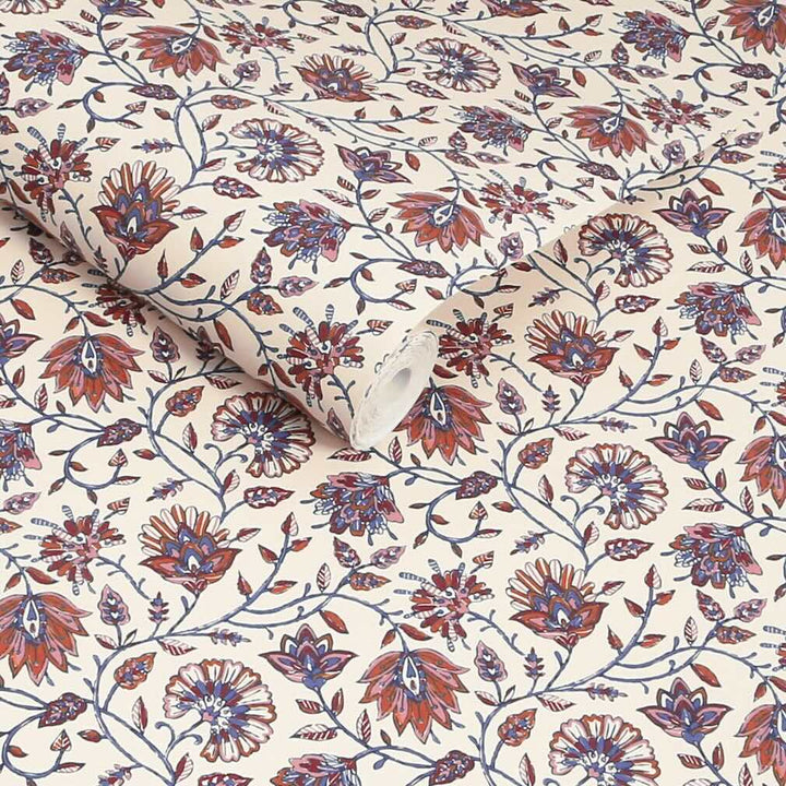 Joules Trailing Indienne Floral Blue & Orange Wallpaper