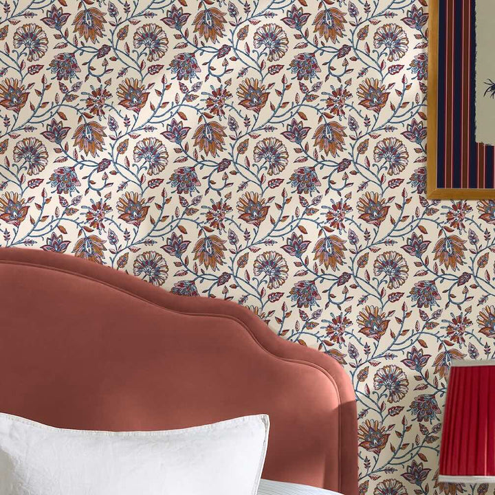 Joules Trailing Indienne Floral Blue & Orange Wallpaper