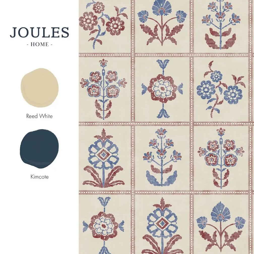 Joules Garden Floral Grid Red & Blue Wallpaper