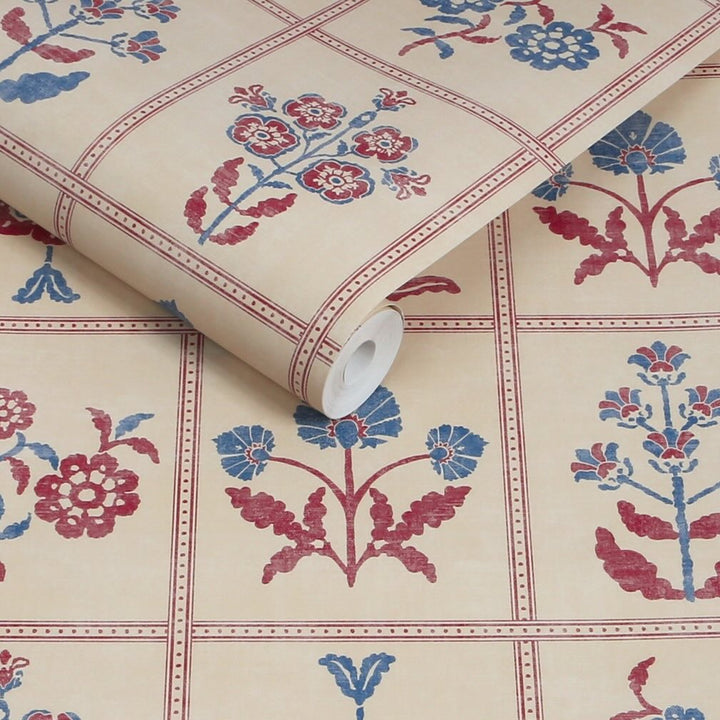 Joules Garden Floral Grid Red & Blue Wallpaper