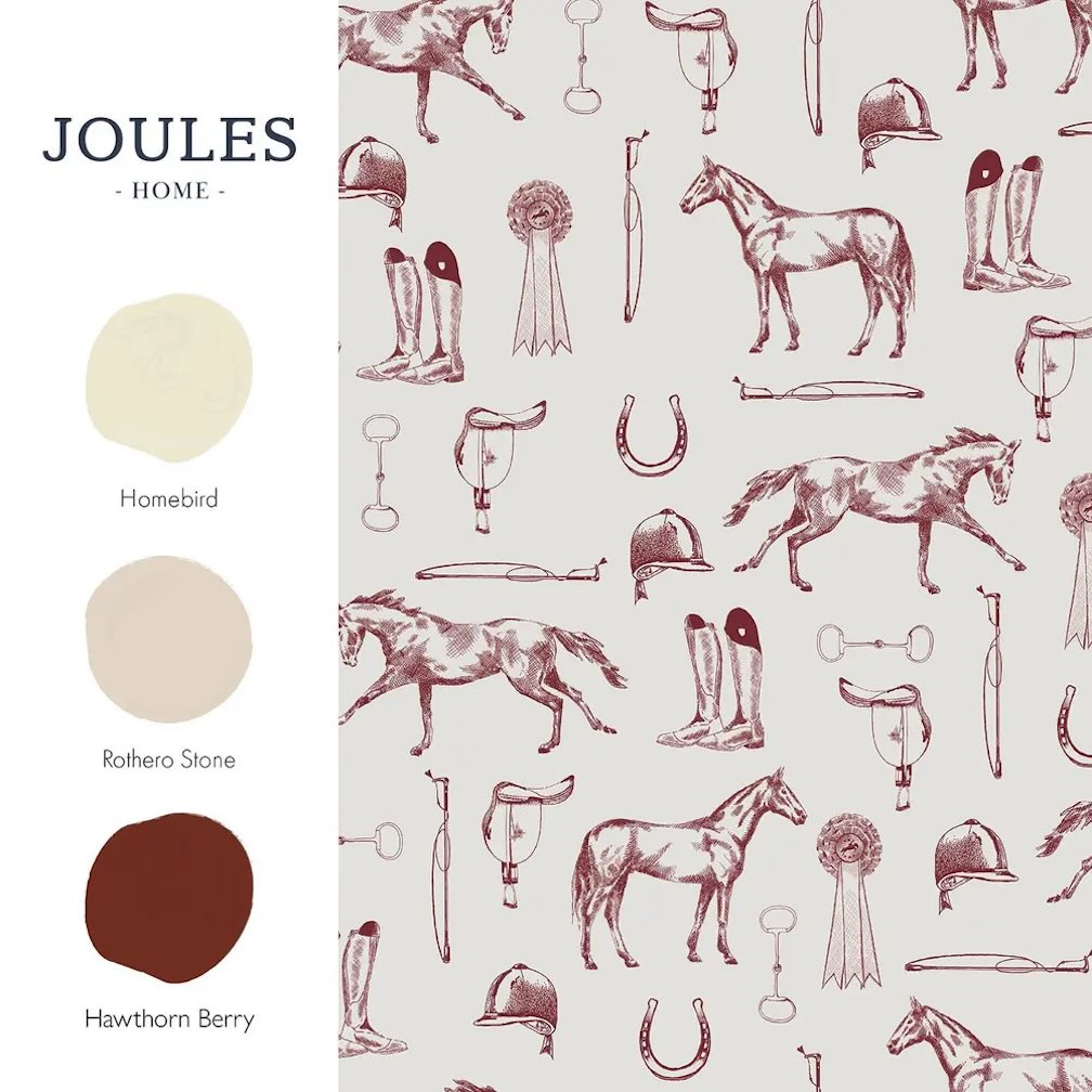 Joules Sketched Equestrian Print Cream & Burgundy Wallpaper