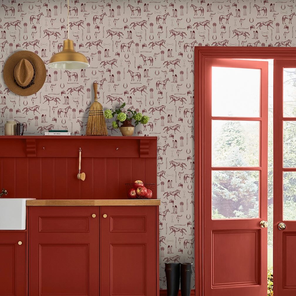 Joules Sketched Equestrian Print Cream & Burgundy Wallpaper