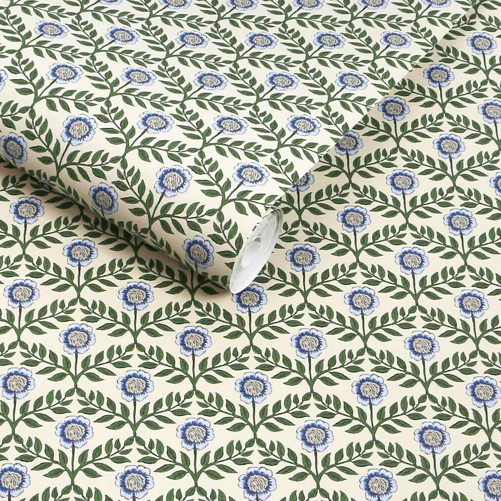Joules Stately Floral Green & Blue Wallpaper