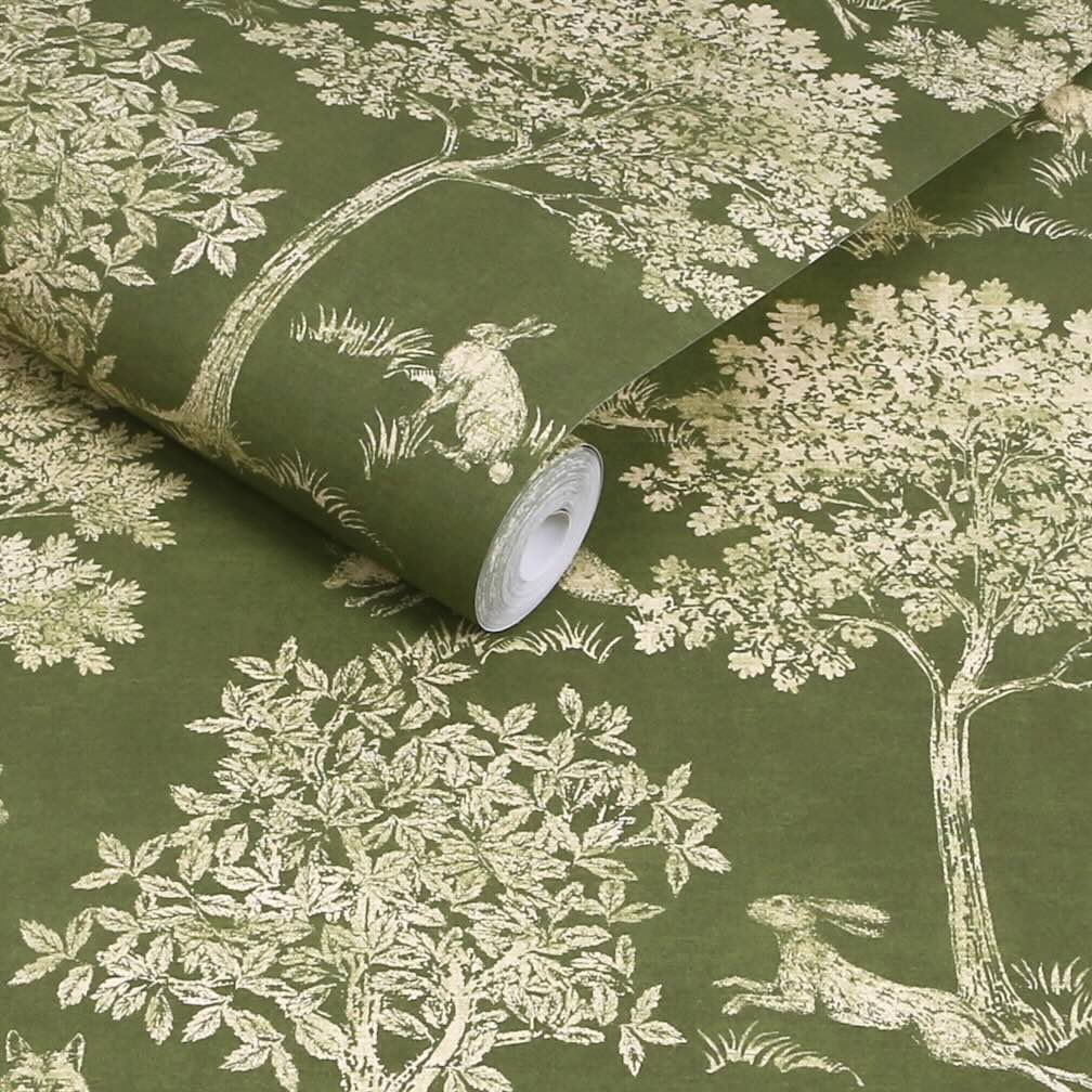 Joules Fox and Hare Olive Green Wallpaper