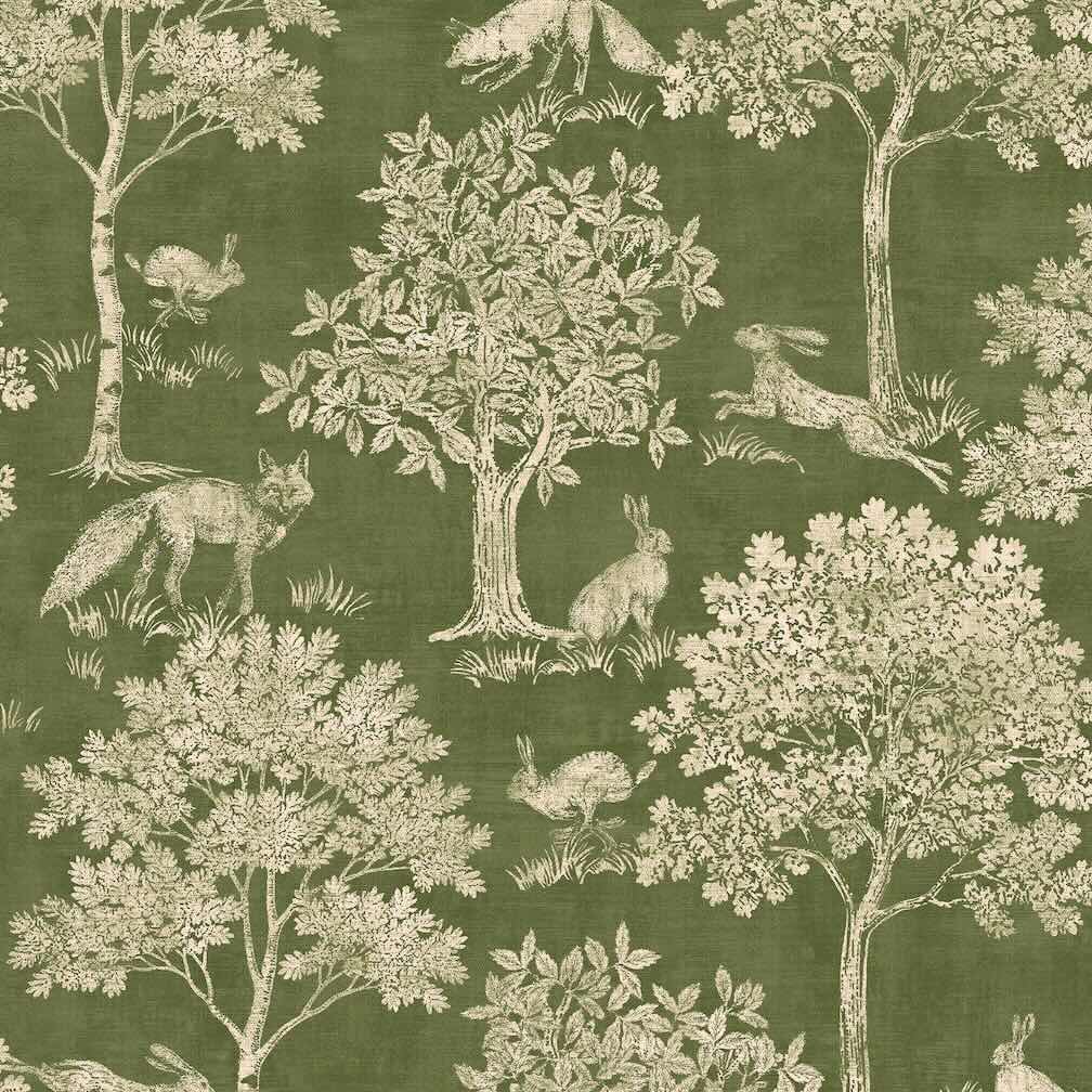 Joules Fox and Hare Olive Green Wallpaper