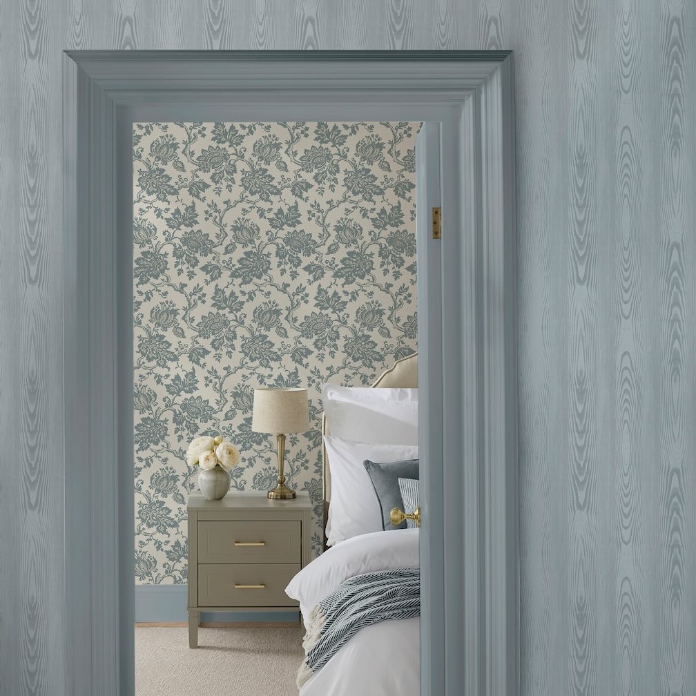 Martha Stewart Bedford Fauxbois Mineral Blue Wallpaper