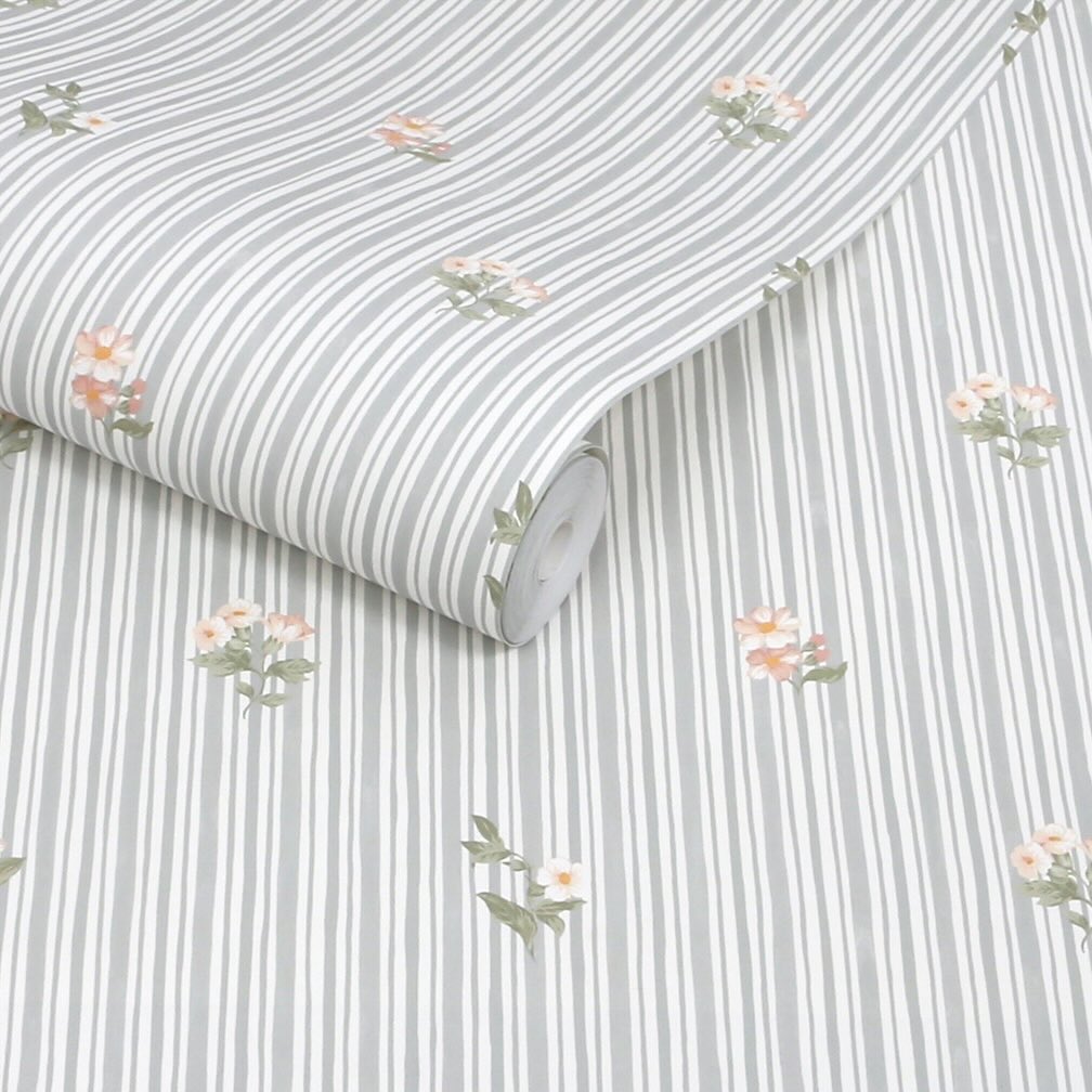 Martha Stewart Garden Stripe Grey Blue Wallpaper