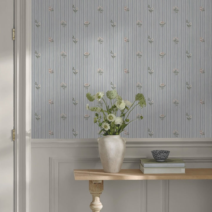 Martha Stewart Garden Stripe Grey Blue Wallpaper