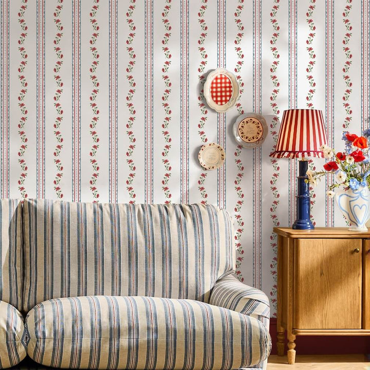 Cath Kidston Treasure Floral Red & Blue Wallpaper