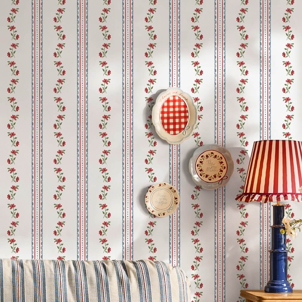 Cath Kidston Treasure Floral Red & Blue Wallpaper