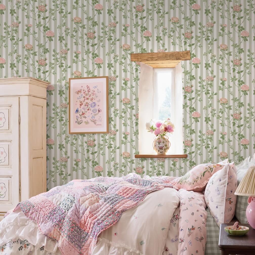 Cath Kidston Climbing Rose Pink and Sage Wallpaper