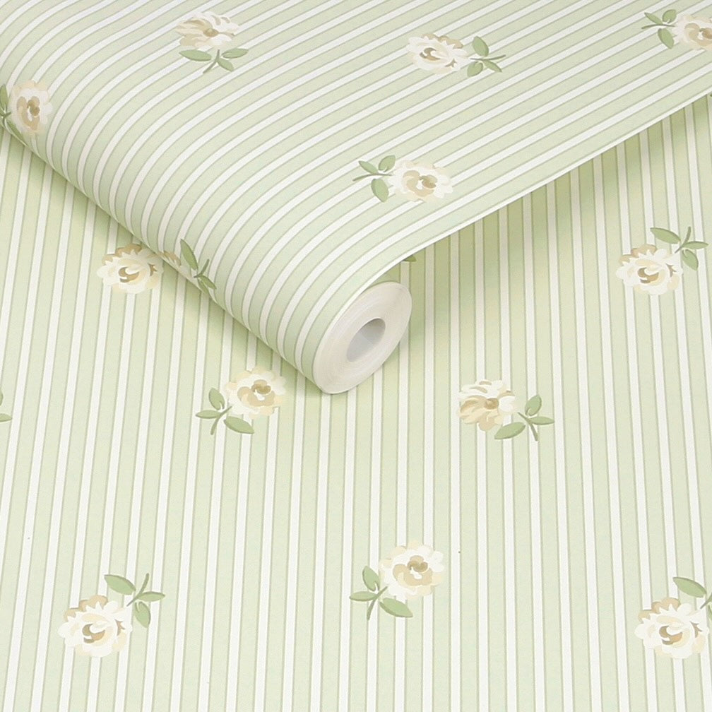 Cath Kidston Rose Spaced Stripe Sage Wallpaper