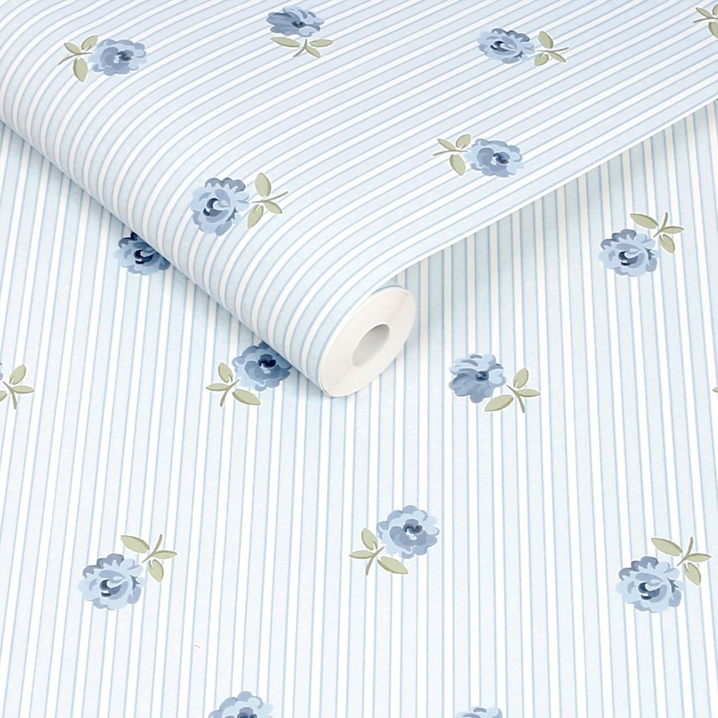 Cath Kidston Rose Spaced Stripe Blue Wallpaper