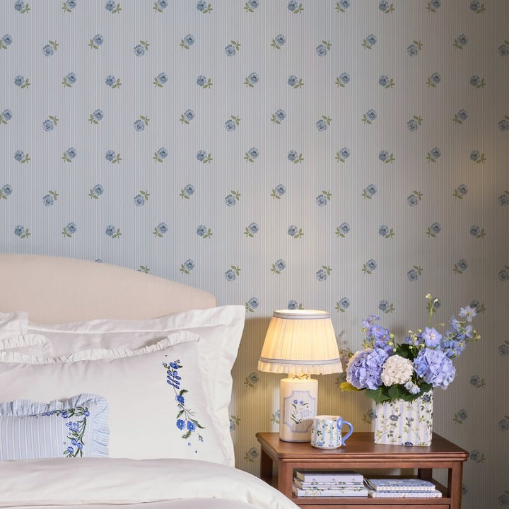 Cath Kidston Rose Spaced Stripe Blue Wallpaper