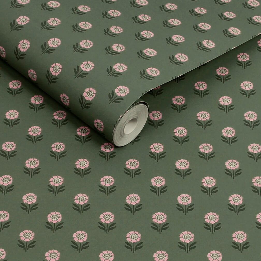 Joules Wood Block Floral Pink & Green Wallpaper