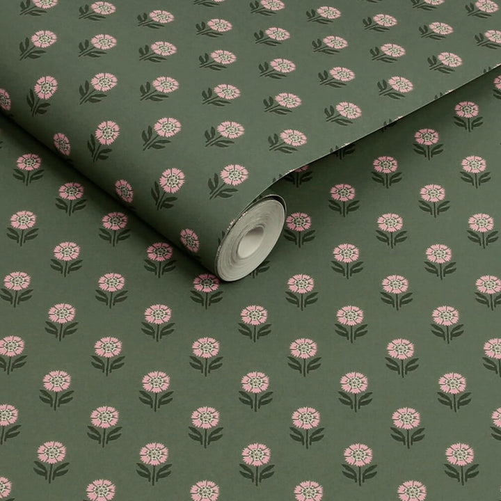 Joules Wood Block Floral Pink & Green Wallpaper
