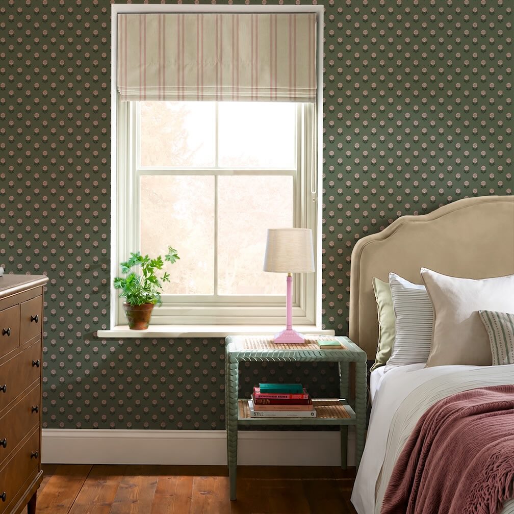 Joules Wood Block Floral Pink & Green Wallpaper