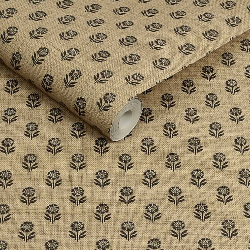 Joules Wood Block Floral Grasscloth & Brown Wallpaper