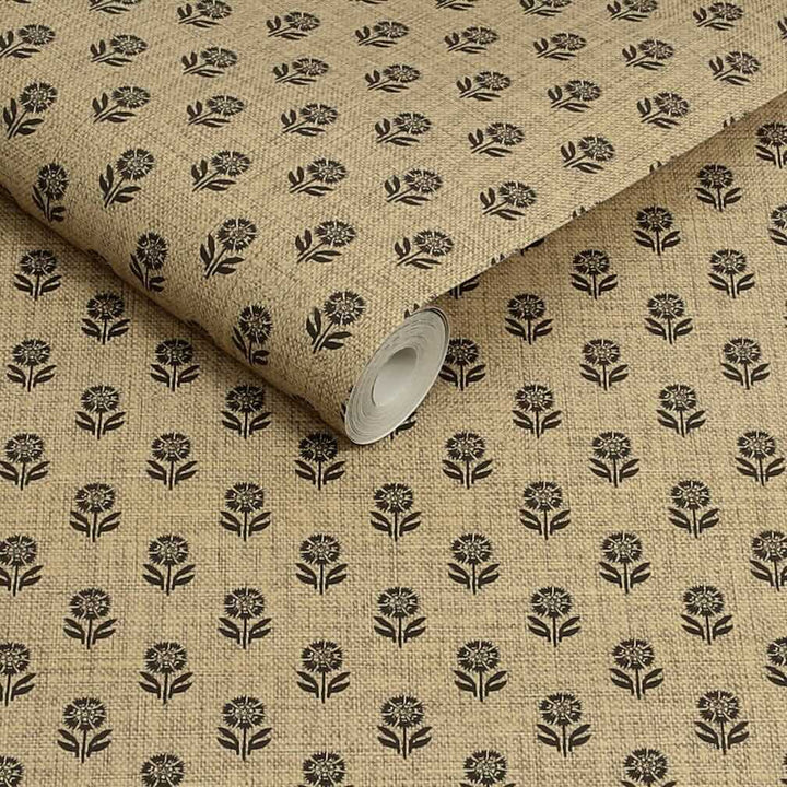 Joules Wood Block Floral Grasscloth & Brown Wallpaper