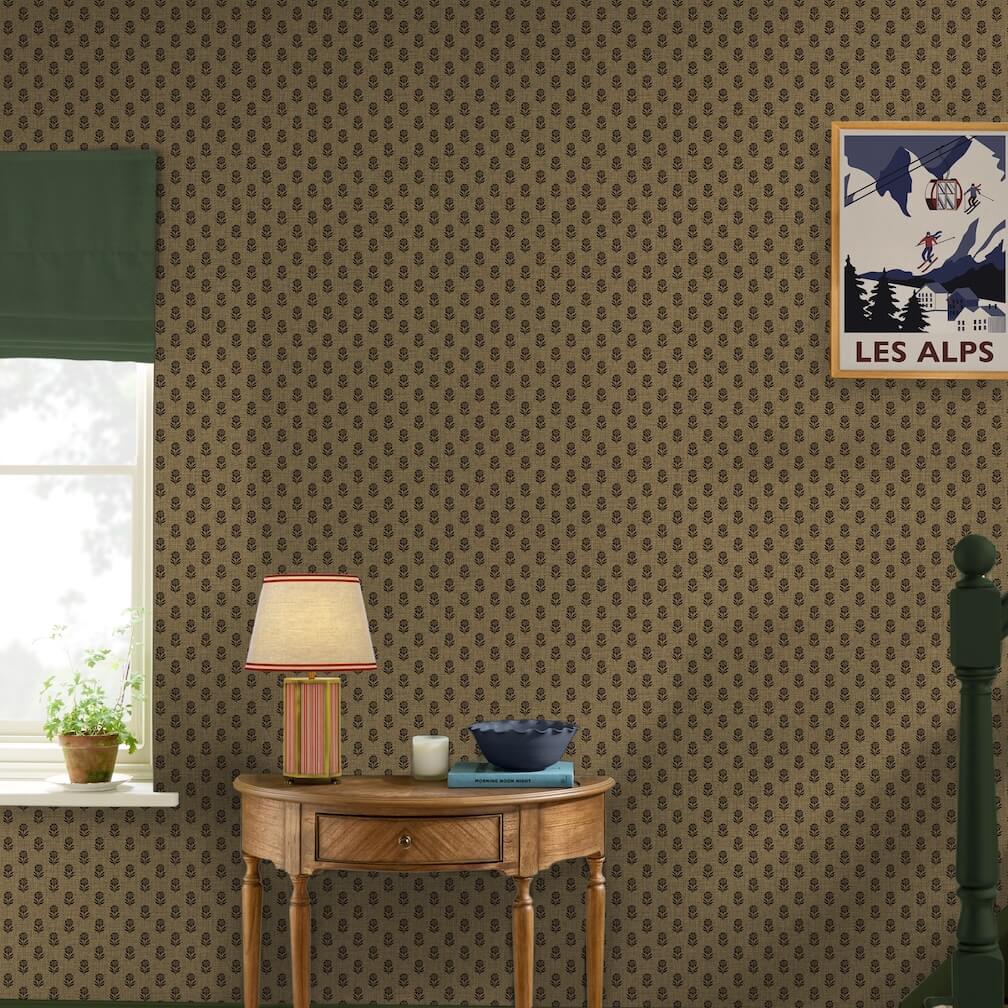 Joules Wood Block Floral Grasscloth & Brown Wallpaper