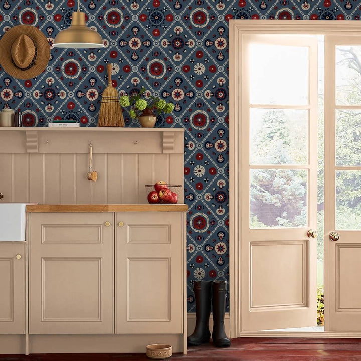 Joules Festival Floral Trellis Blue Wallpaper