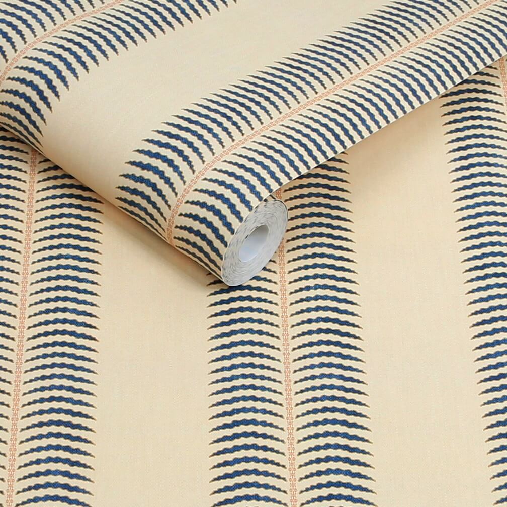 Joules Palm Leaf Stripe Cream & Blue Wallpaper
