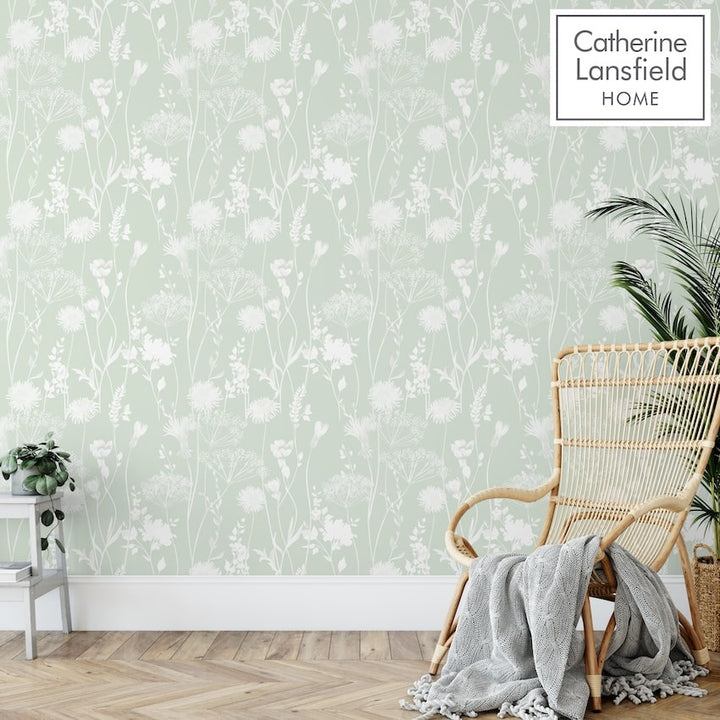 Catherine Lansfield Meadowsweet Floral Green Wallpaper