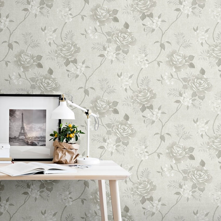Rosalind Cream Floral Rose Wallpaper