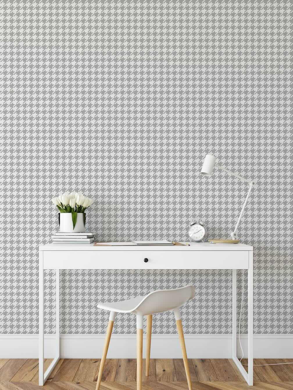 Muriva Houndstooth Geometric Silver/White Metallic Wallpaper