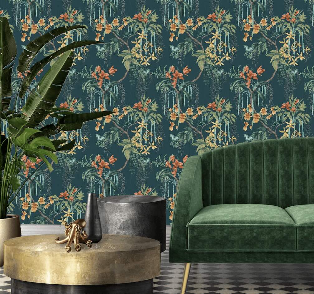 Belgravia Suki Dark Green and Blue Wallpaper