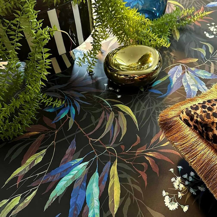 Belgravia Kanata Leaf Cobalt Blue Black Wallpaper