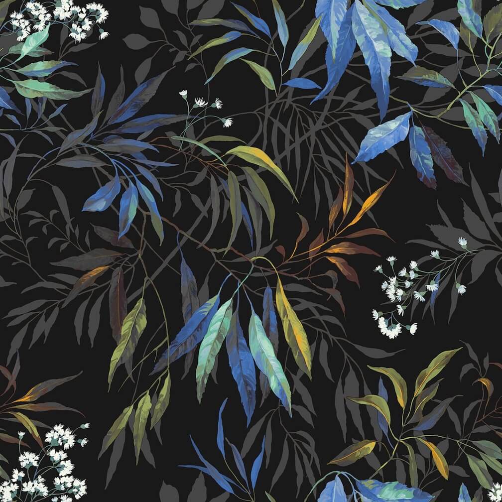 Belgravia Kanata Leaf Cobalt Blue Black Wallpaper