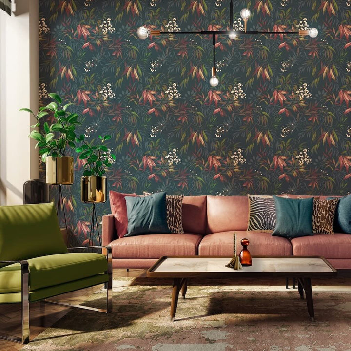 Belgravia Kanata Leaf Russet Dark Blue Wallpaper