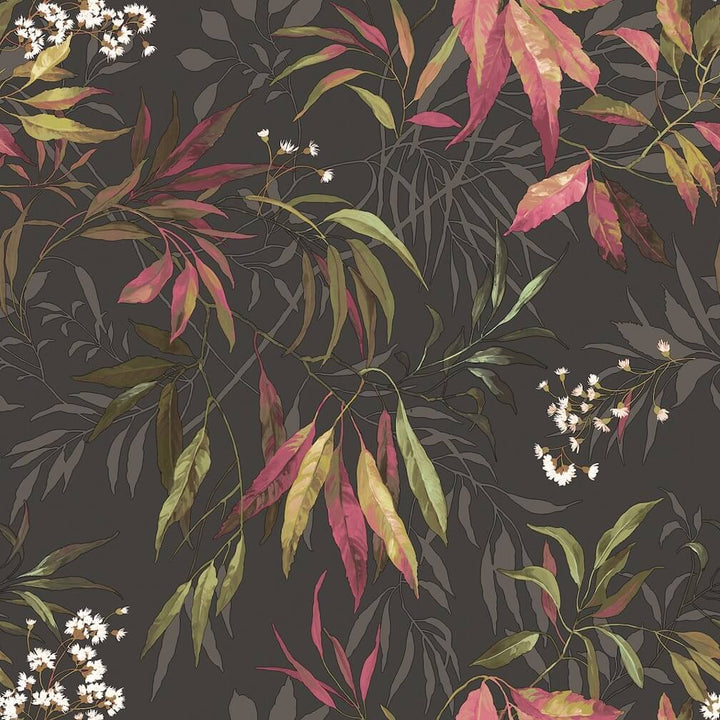 Belgravia Kanata Leaf Pink Charcoal Wallpaper