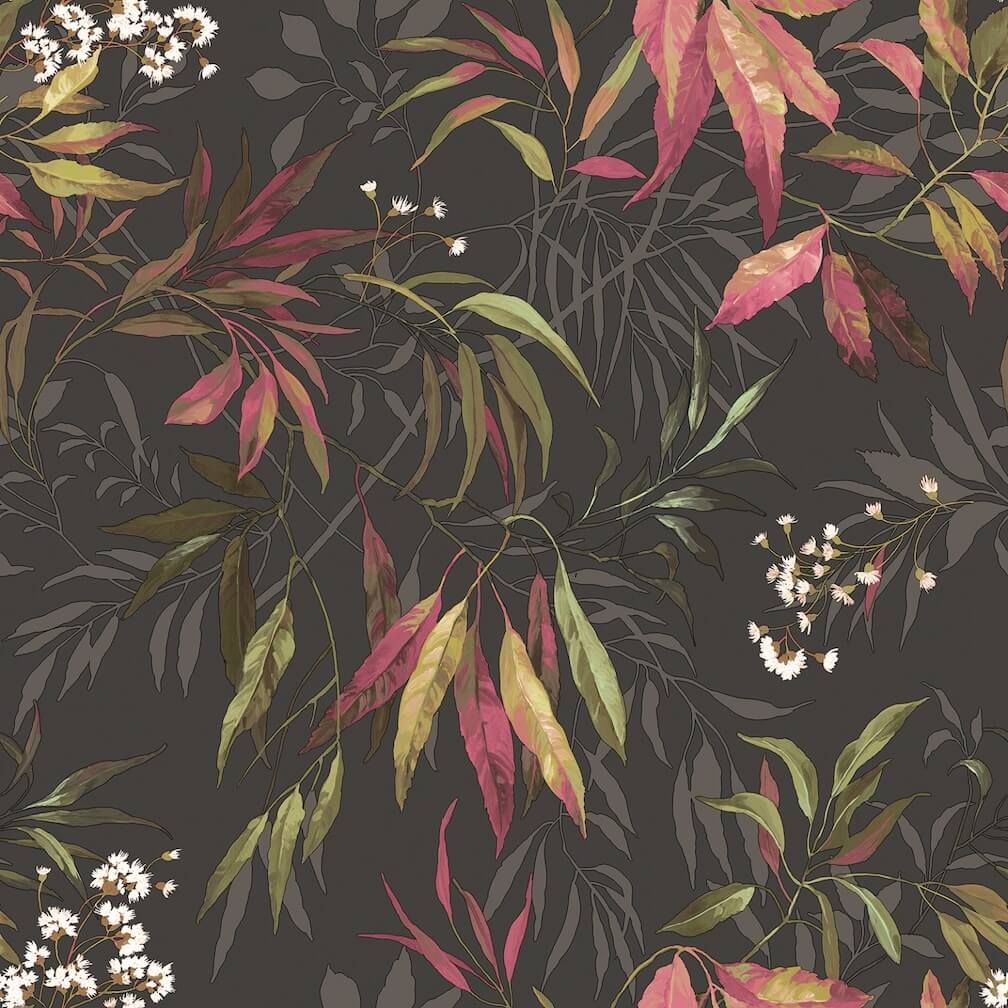 Belgravia Kanata Leaf Pink Charcoal Wallpaper