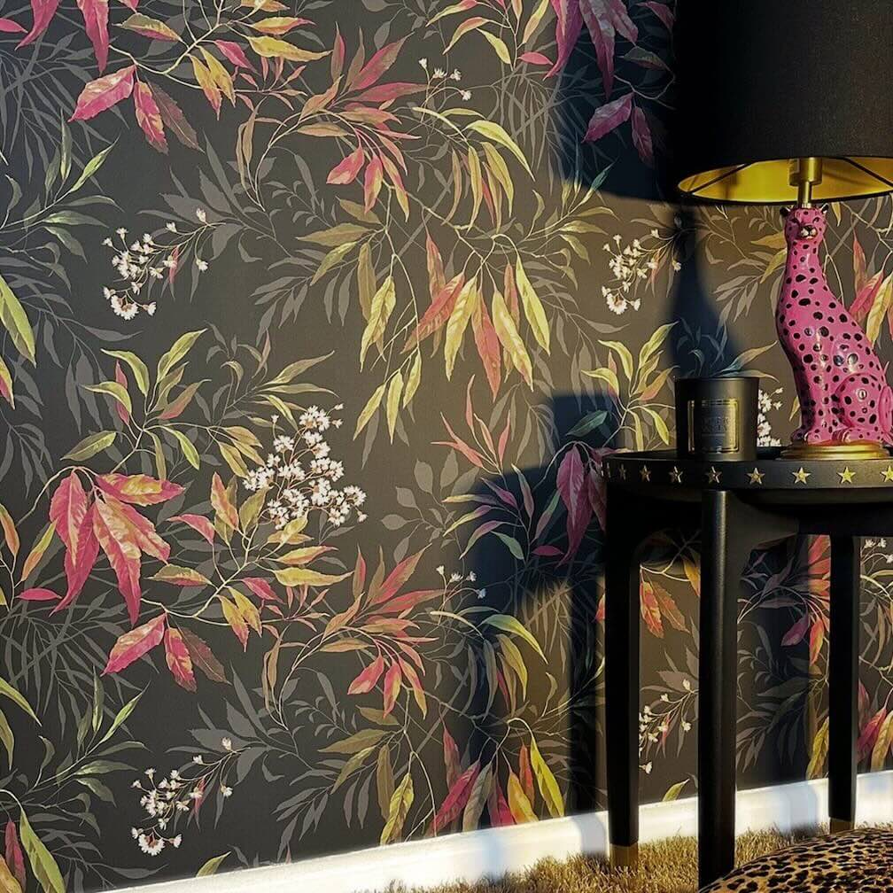 Belgravia Kanata Leaf Pink Charcoal Wallpaper