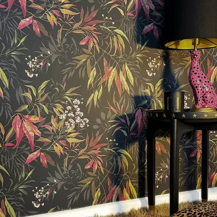 Belgravia Kanata Leaf Pink Charcoal Wallpaper