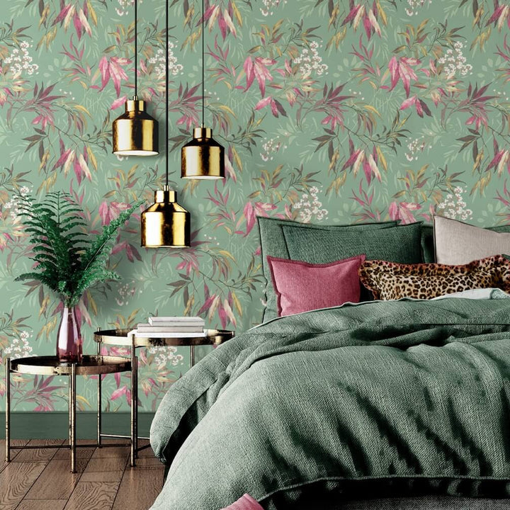 Belgravia Kanata Leaf Pink Sage Wallpaper