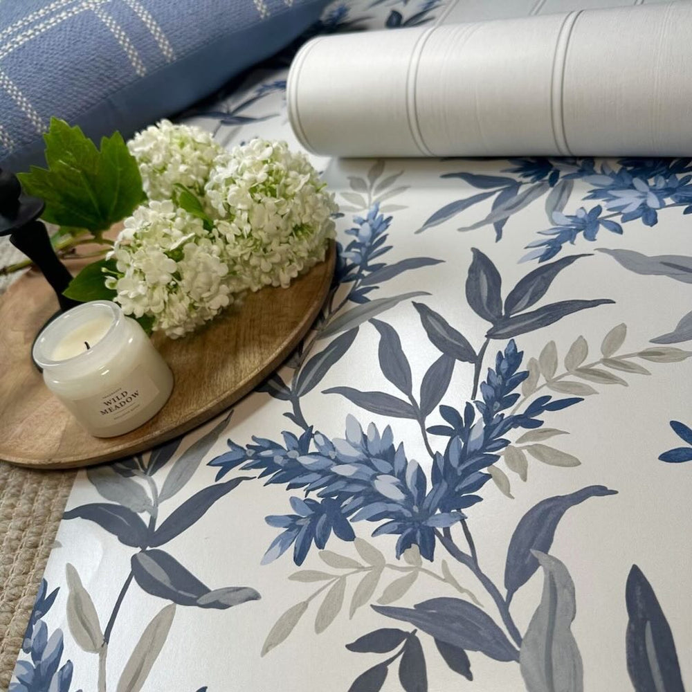 Belgravia Olivia Floral Blue Wallpaper Roll and matching wallpaper 