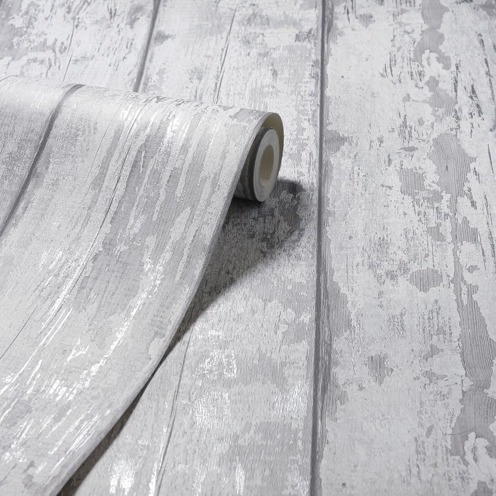 Arthouse Metallic Washed Wood Grey/Silver Wallpaper