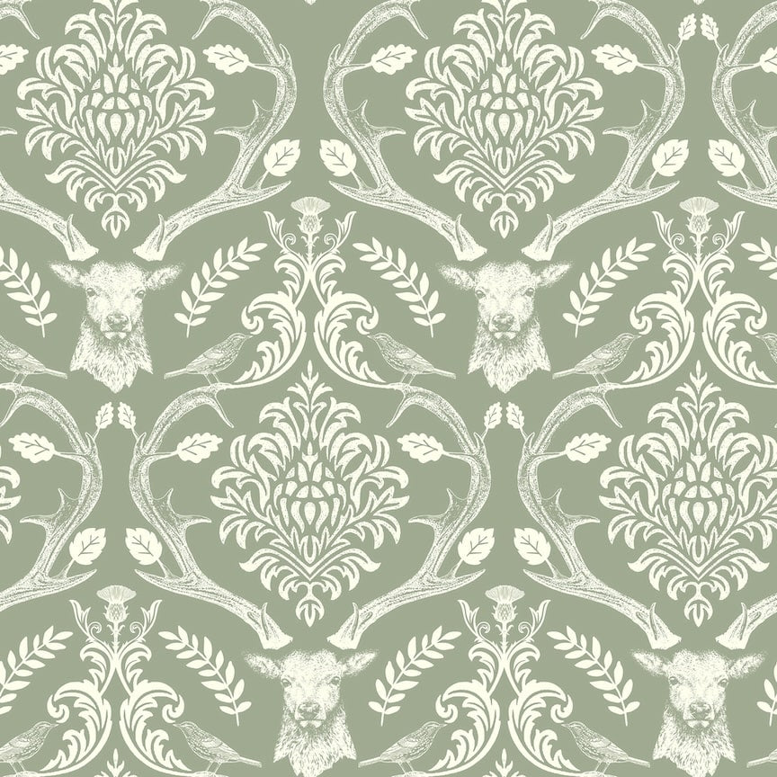 Arthouse Stag Damask Sage Green Wallpaper