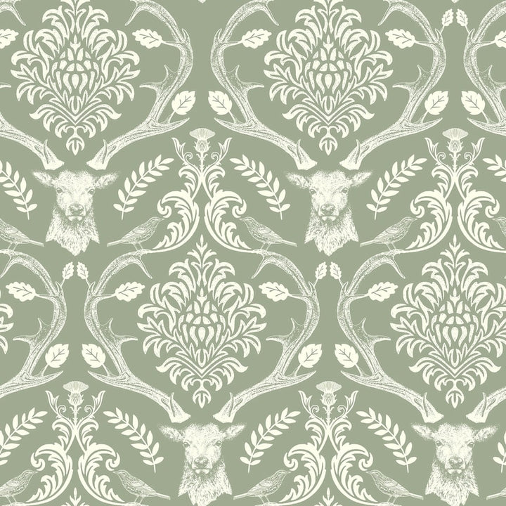 Arthouse Stag Damask Sage Green Wallpaper