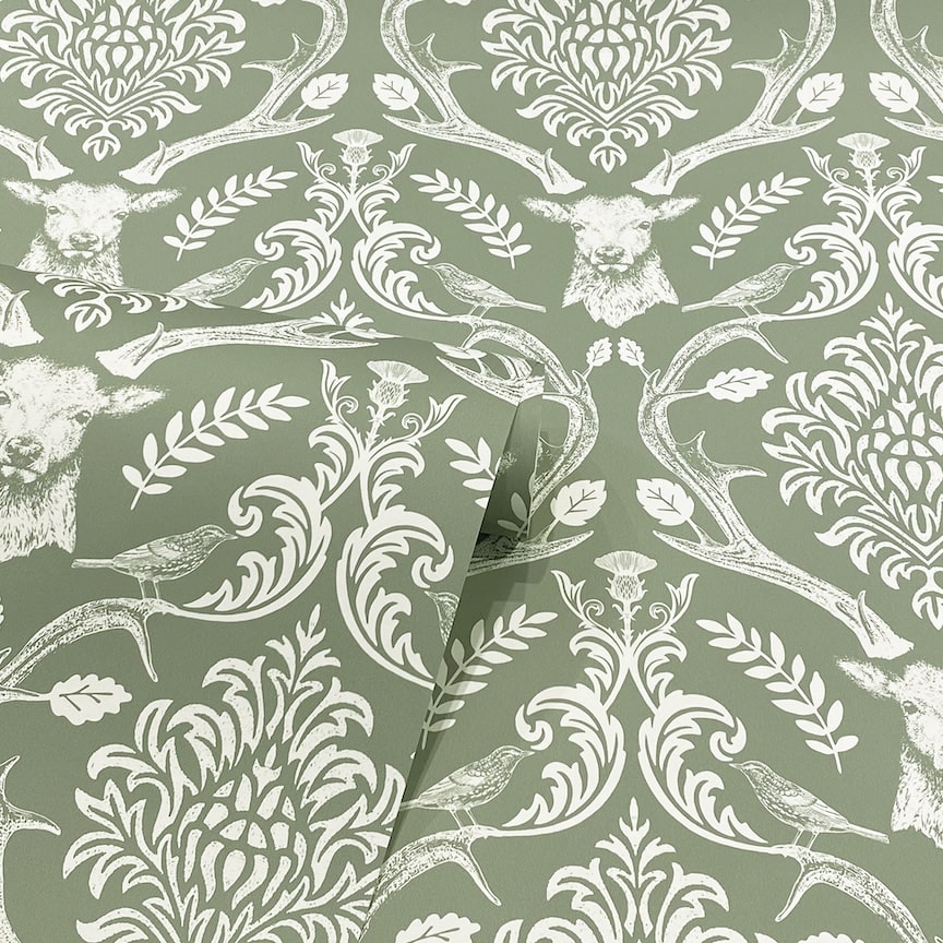 Arthouse Stag Damask Sage Green Wallpaper