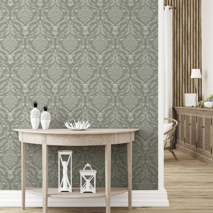 Arthouse Stag Damask Sage Green Wallpaper